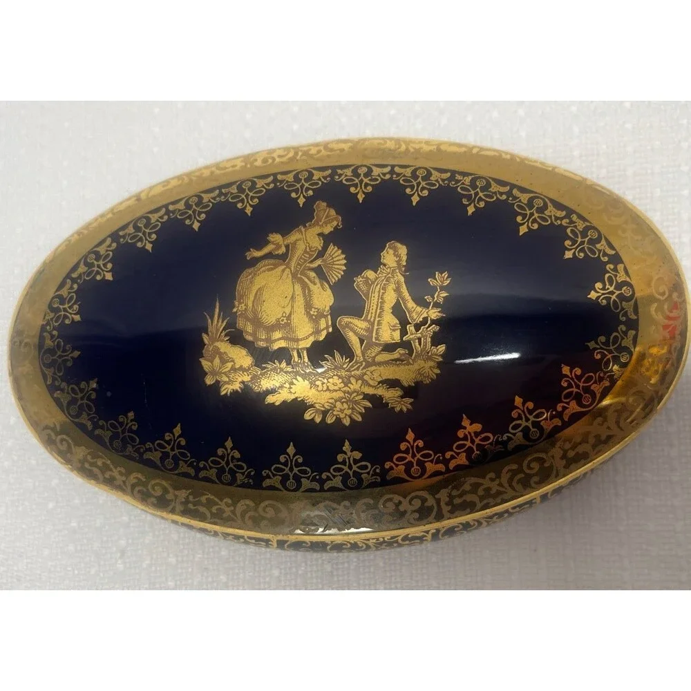 VTG 1960’s MCM Florance Limoges 22K Gold Gilt Porcelain France Trinket Pill Oval